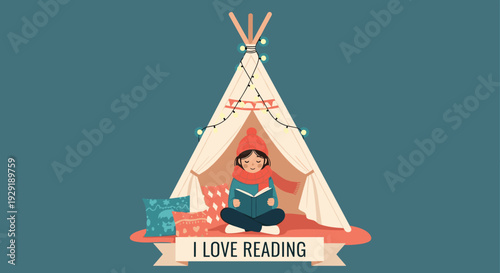 Young girl sits comfortably inside a white teepee tent decorated with lights while reading a book and wearing a red hat.