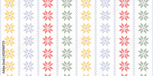 Colorful Folk Cross Stitch Seamless Pattern with Embroidered Floral Motifs. Traditional folk textile inspired for fabric, wallpaper, home decor, gift wrap, kids textile, banner. 