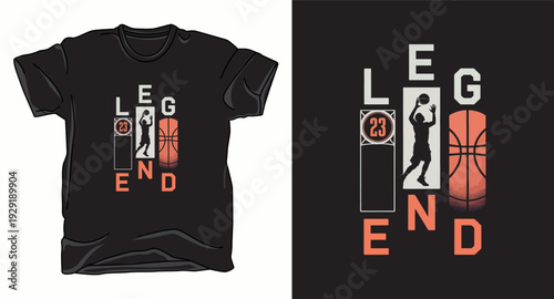 T-shirt design print illustration Basketball legend shirt design featuring athlete silhouette jumping for shot and vertical typography