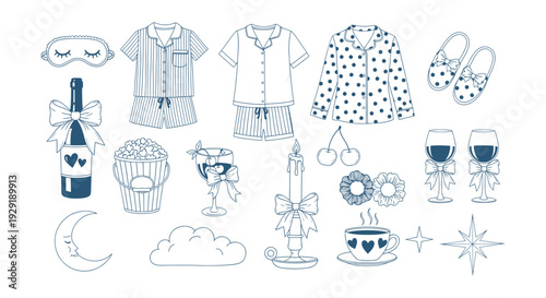 Cozy Home Relaxation Essentials Vector Icons Set Sleepwear Popcorn Wine Champagne Mask