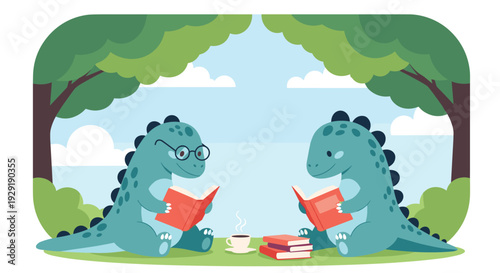 Two blue dinosaurs sit on a green lawn between trees and read books while enjoying a hot cup of coffee outdoors.
