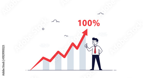 Successful businessman celebrating achieving one hundred percent business growth goal with a rising red arrow and bar graph.