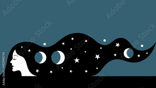 Woman with hair flowing like stars and moons in space