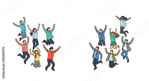 Diverse group of happy men and women in casual clothing jumping high in the air with arms raised celebrating success and freedom.