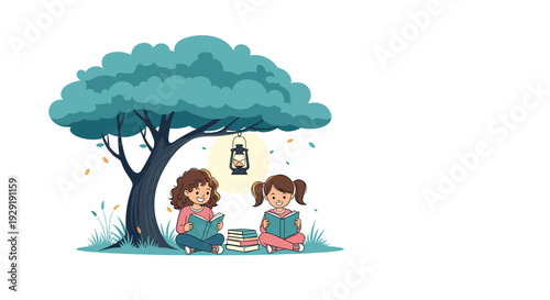 Two young girls enjoying a quiet reading time sitting together under a large tree at night illuminated by a hanging lantern.
