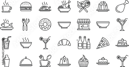Food and Beverage Line Icon Set Restaurant Menu Outline Vector Collection
