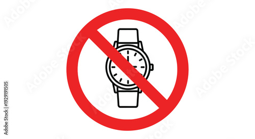 Vector graphic illustration showing a prohibition sign over a wristwatch indicating no timepieces allowed
