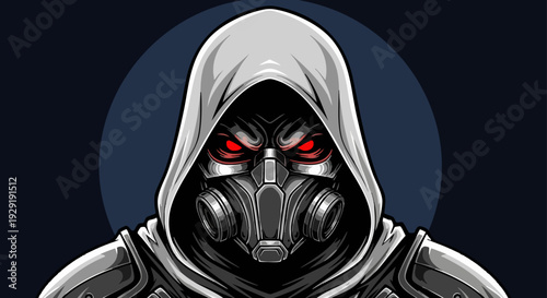 Mysterious dark hooded figure wearing a formidable gas mask with glowing red eyes conveys an intense atmosphere of anonymity and futuristic danger in this detailed illustration.