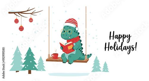 Cute dinosaur wearing glasses, a winter hat, and a scarf while sitting on a swing and reading a book in a snowy landscape.
