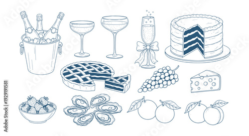 Elegant Celebration Food and Drink Vector Collection Champagne Cake Pie Oysters Fruit Doodle