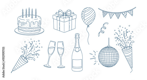 Detailed Hand-Drawn Birthday Party Celebration Vector Elements Doodle Line Art Set