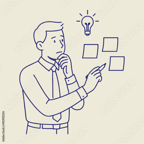 Man with Idea Lightbulb Thinking Deeply.