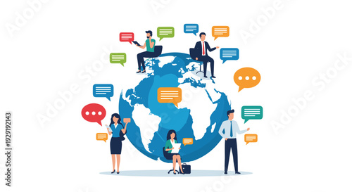 Diverse professionals from around the world sit on a large globe and engage in global communication and networking.