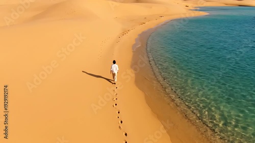 Person Walking Along Sandy Shoreline Near Turquoise Water Under Bright Daylight Sunlight With Sand Dunes And Clear Horizon