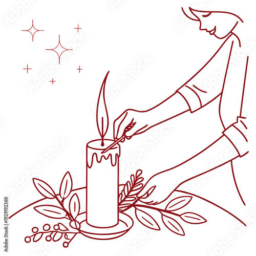 Woman lights a holiday candle with a matchstick.
