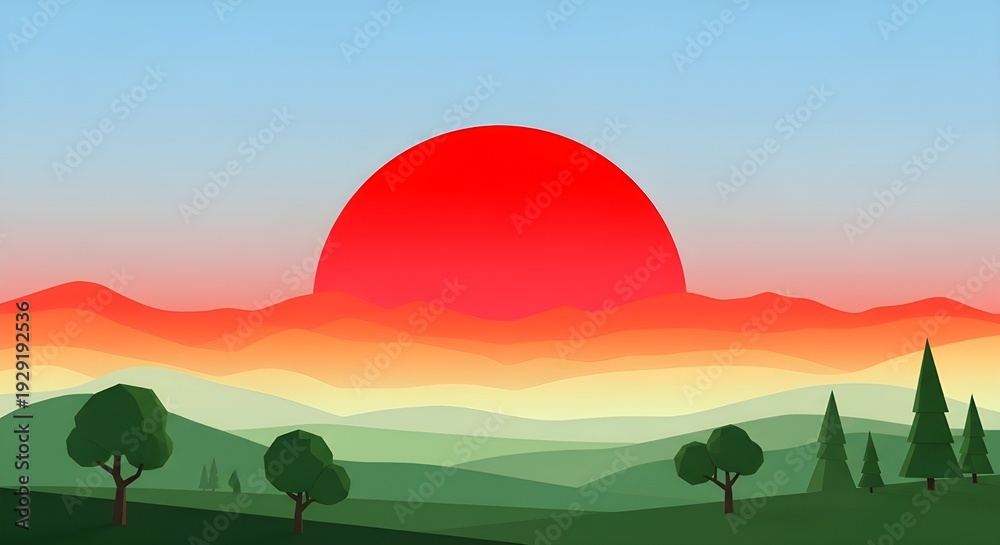 Fototapeta premium A vibrant sunset over a serene landscape with a large red sun and lush greenery