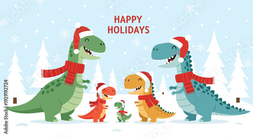 Family of dinosaurs wearing festive Santa hats and red scarves celebrate the winter holidays in a snowy landscape.