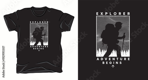 T-shirt design print illustration Explorer adventure begins hiking silhouette illustration for t shirt design on black apparel mockup