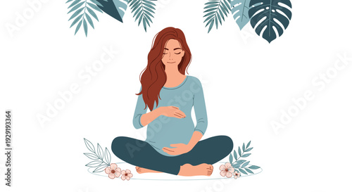 Expectant mother practicing mindfulness meditation in a lotus pose surrounded by beautiful flowers and lush tropical palm leaves.
