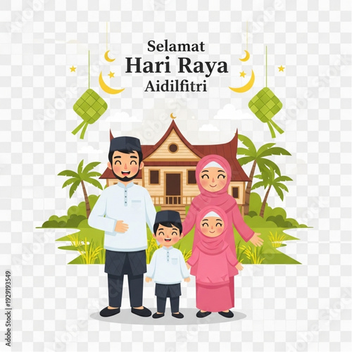 Family celebrates Hari Raya Aidilfitri in front of traditional house, happy moment.