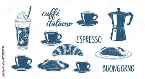 Authentic Italian Coffee Culture Icons Espresso Moka Pot Croissant Cannoli Vector Illustration Set