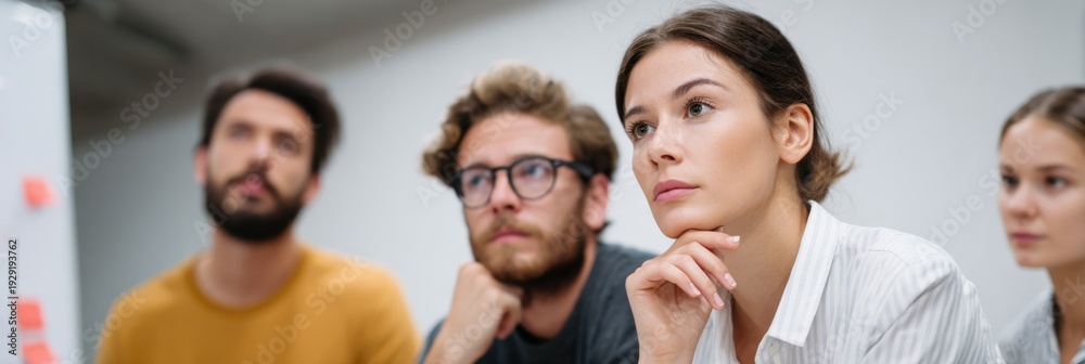 Obraz premium Male female caucasian young team attentive in meeting seminar workshop learning and brainstorming session focused on ideas planning and collaboration