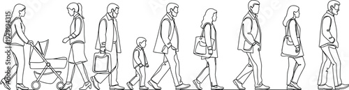 People walking in different life stages, family generation progression concept, side view character line art illustration, isolated on white background, flavector