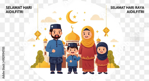 Family Celebrating Eid al-Fitr Together in Festive Attire with Mosque.