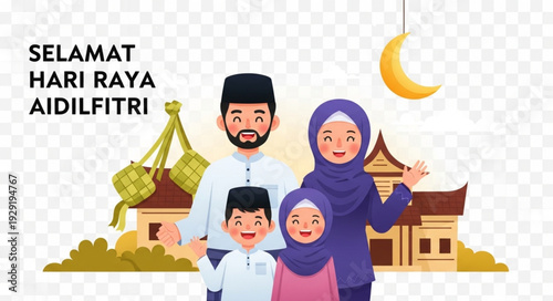 Family celebrates Hari Raya Aidilfitri with traditional attire and festive decorations.