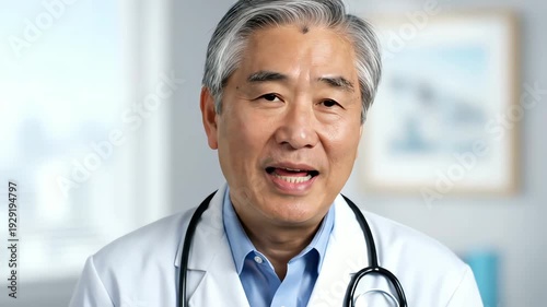 Senior Asian Doctor in White Coat with Stethoscope Talking Against Blurred Clinic Background, Medical Professional Portrait in Light Room