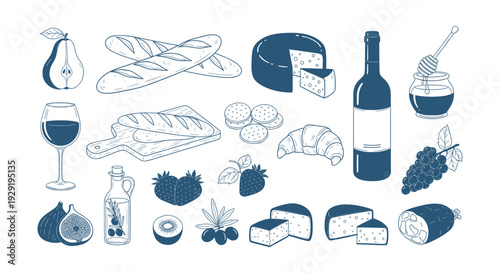 Elegant Hand Drawn European Food Vector Set Wine Cheese Bread Fruits Delicacies Icons