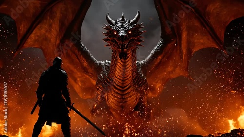 Silhouette of Armored Knight with Sword Facing a Black Dragon Amidst Fiery Inferno with Smoke and Sparks on a Dark Background