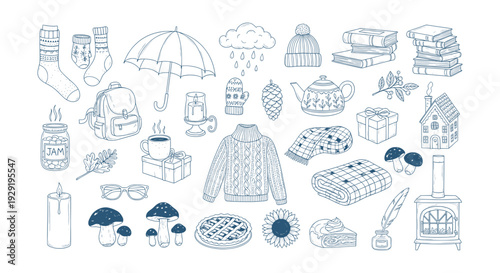 Comforting Autumn Winter Hygge Season Essentials Hand Drawn Doodle Vector Illustration