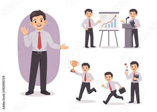 Set of Businessman Character Poses for Business Presentation and Success Cartoon Illustration