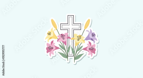 Easter cross with colorful lilies illustration on a light blue background, symbolizing resurrection and spring celebration.