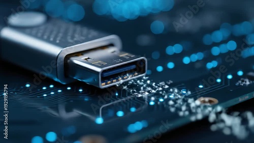 Silver Usb Connector on Blue Circuit Board Close Up Electronic Technology Details Microchip Connectivity Futuristic Design Details and Technological Innovation