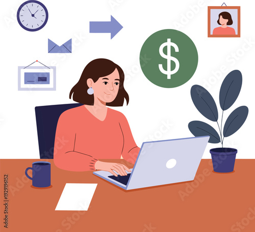 A woman working on her laptop with money and time symbols around her