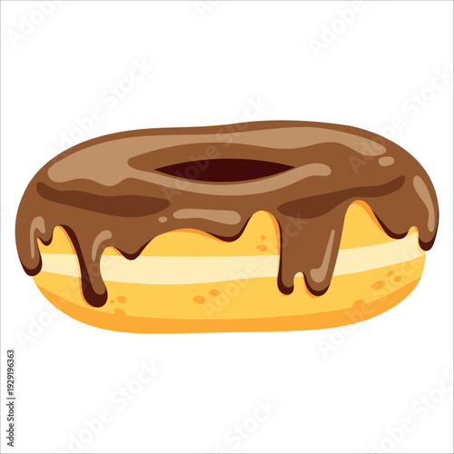 Flat vector illustration chocolate glazed donut, cute dessert isolated on white background for menu and food blog design