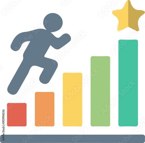 Man running up colorful bar graph towards a star, representing success and goal achievement, flat design vector illustration.