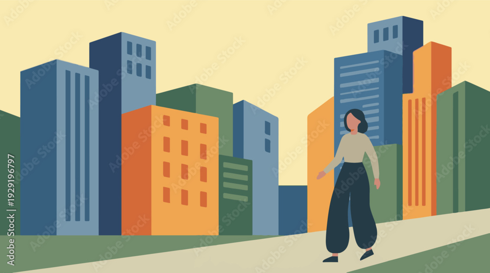 Αυτοκόλλητο Stylized illustration of a woman walking in a minimalist urban landscape