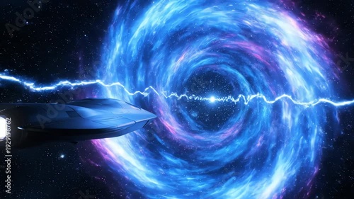 Spaceship Traversing a Vibrant Blue and Purple Galaxy with Lightning and Stars in a Cosmic Landscape