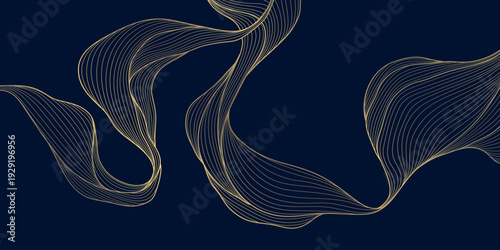 Luxury gold wave line pattern on black background, abstract curves, geometric deco shapes, flowing silk textures. Premium vector illustration, Japanese elegance, packaging, label, poster.