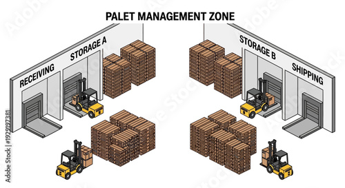 Warehouse Management Illustration Showing Receiving Shipping and Storage Areas.