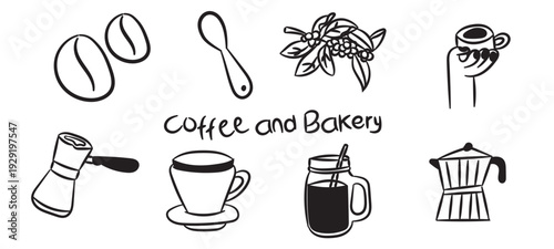 Coffee Beans and Cafe Elements Hand Drawn Doodle Set