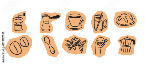 Coffee and Bakery Scrapbook Style Hand Drawn Sticker Icon Set
