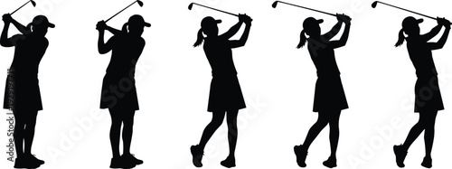 Female golfer swing silhouette sequence, five stages, follow-through to finish, sports training, motion analysis, technique, posture, fitness, lifestyle, cad drawing flat vector illustration