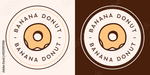 Banana bread donut flavor label yellow glazed baked cream pastry round logo circular sticker packaging design. Retro vintage aesthetic healthy fruit glaze old fashioned doughnut outline drawing print.