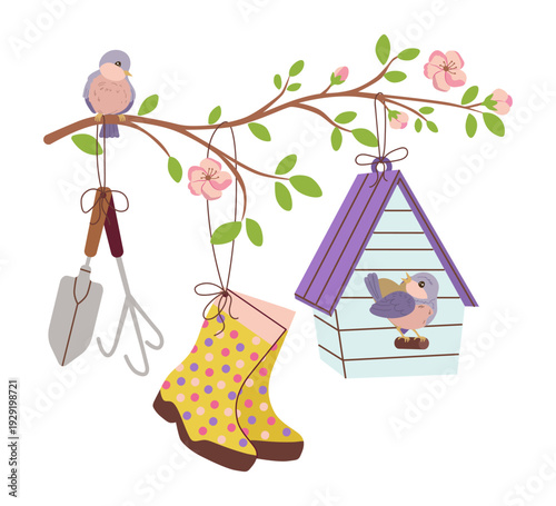 A charming spring vector illustration featuring a blooming branch with a birdhouse, yellow polka-dot rain boots, garden tools, and cute birds. Perfect for seasonal greeting cards and decor.