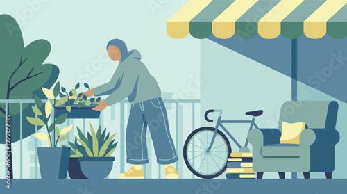 Urban balcony garden scene with person tending to plants, bicycle, and seating