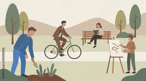 Park scene with people engaging in outdoor hobbies and relaxation.